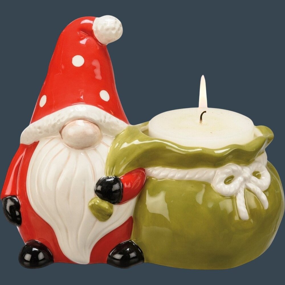 Ceramic Santa Claus Gnome Votive Candle Holder With Gift Bag Christmas